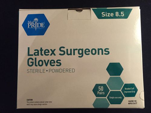 Box of 50 med pride surgeon&#039;s latex gloves, sterile, powdered size 8.5 for sale
