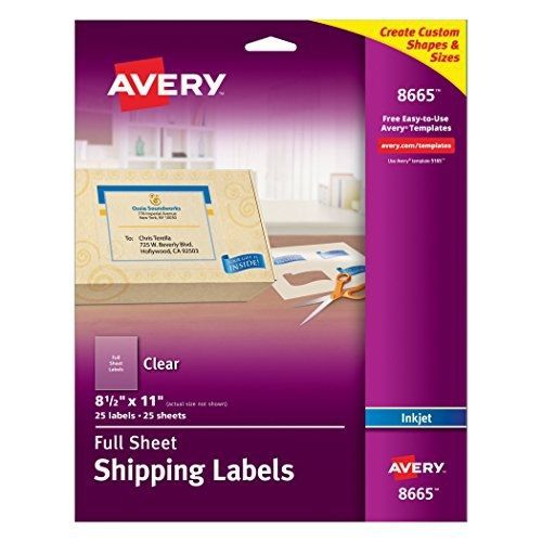 Avery clear full-sheet labels, inkjet printers, 8.5 x 11 inches, pack of 25 for sale