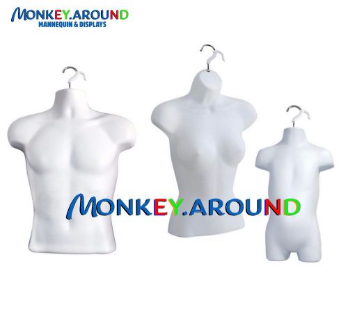 3 mannequins 3 hooks, male female toddler dress white body form display clothing for sale