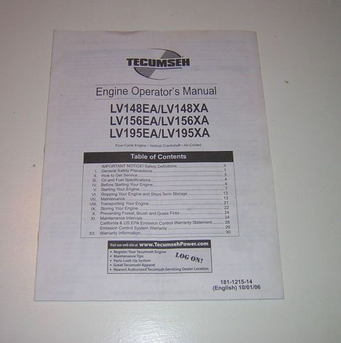 Tecumseh Engine LV148EA  LV156EA  LV195EA Operator&#039;s Owner&#039;s Manual