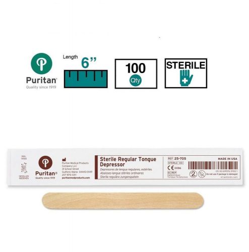 Puritan 6&#034; sterile standard wood tongue depressor - 25-705 - box of 100 for sale