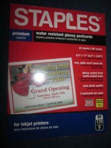 Staples Premium Water Resistant Glossy Postcards 18 Sheets For InkJet Printers .