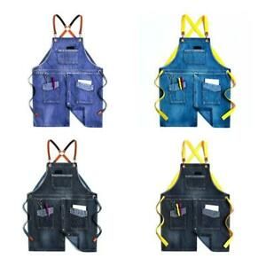 Unisex Cross Back Jean Bib Apron Buttons Front Washed Denim Garden Work Apron