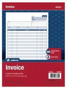 New Sealed Adams NC3812 3-part Invoice 100 carbonless Sets - 8 1/2&#034; x 11 7/16&#034;
