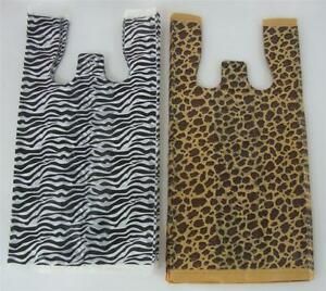 200 Leopard / Zebra Print Design Plastic T-Shirt Shopping Bags Handles 8&#034;x5&#034;x16&#034;