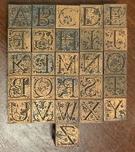 Antique Copper Letterpress Letters Full Alphabet A-Z 26 Blocks Ornate Storybook