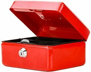 Small Cash Box with Key Lock, Portable Metal with Double Layer &amp; 2 Keys Red