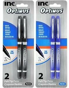 I-N-C Optimus 4 Felt Tip Fine Point Pens 2 Black/2 Blue - No Bleed Ink