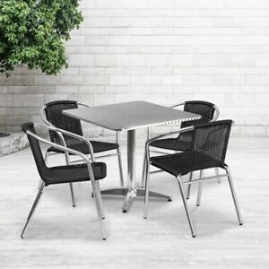 Durable 31.5&#039;&#039; Square Aluminum Indoor/Outdoor Table Set w/4 Black Rattan Chairs