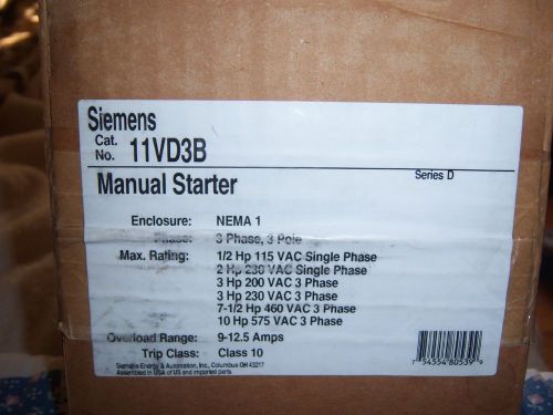 Seimens 11vd3b manual starter manually operated, 3 ph, 9-12.5 amps nib for sale