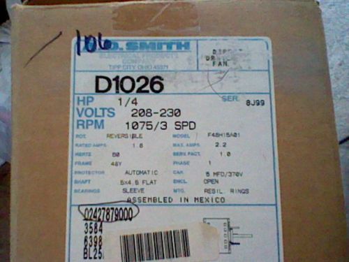 New ao smith d1026 1/4 hp blower motor 1075 rpm 3 spd f48h15a01 02427879000 york for sale