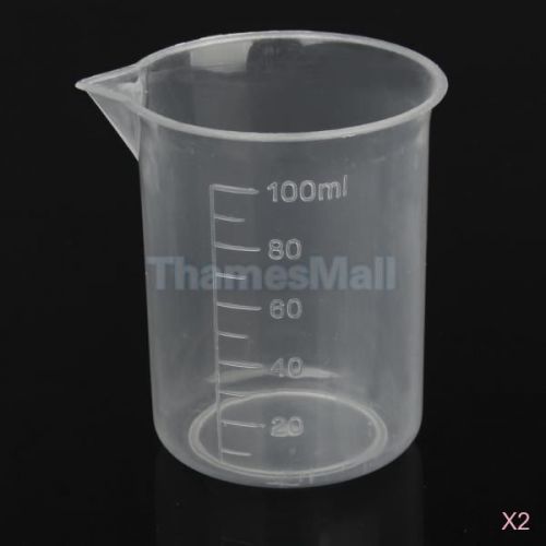 2x 100ml transparent clear plastic laboratory lab measuring graduated beaker cup for sale
