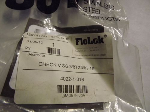 SSP Products Check Valve 4022-1-316 Flolok Stainless Tube FItting 3/8 X3/8