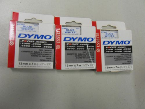 THREE DYMO D1 Label Cassette Tape 1/2&#034;x 23&#039; Blue/White #45014 for Label Makers