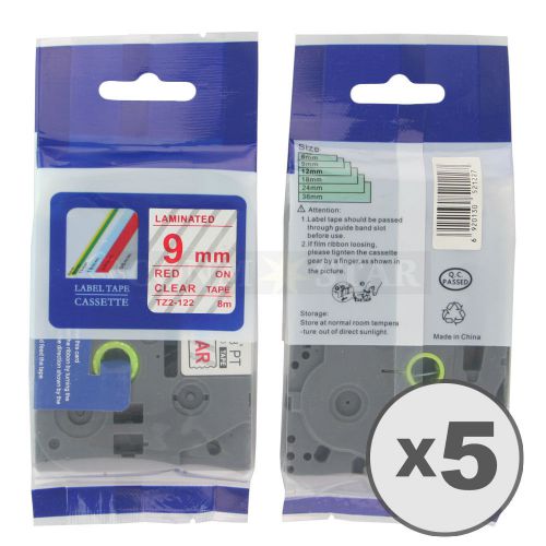 5pk Red on Transparent Tape Label Compatible for Brother P-Touch TZ TZe122 9mm