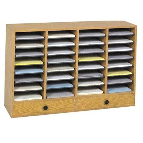 Large wood adjustable-compartment literature organizer with drawers oak for sale
