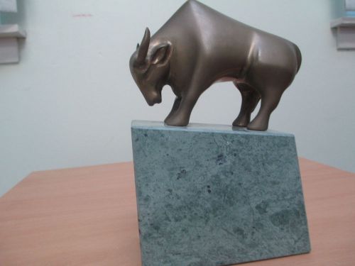 Documents holder - brass bull on fine marble pedestal for sale