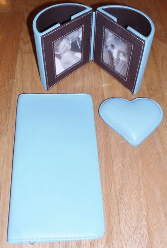 Turquoise leather desk/passport wallet set photo pen cup heart paperweight new for sale