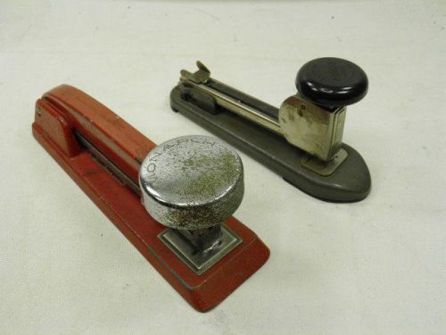 2 vintage staplers monarch painted red &amp; arrow 203 office supply retro cool for sale