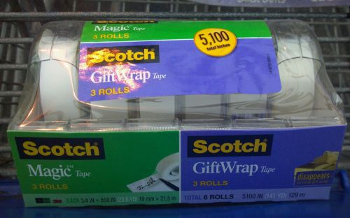 Lot of 10:   packs of 3 scotch gift wrap &amp; 3 magic tape. 60 rolls total for sale