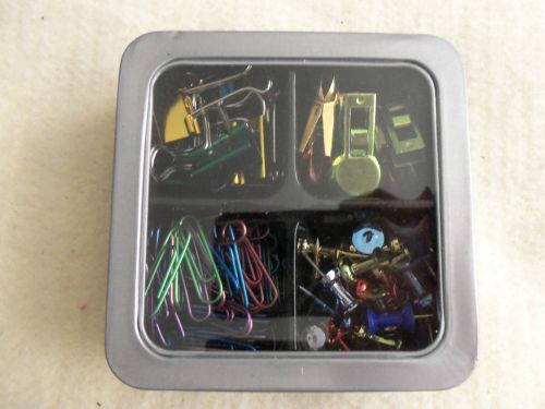 Lot of colored paper clips, binder clips, push pins/tacs tin school home office for sale