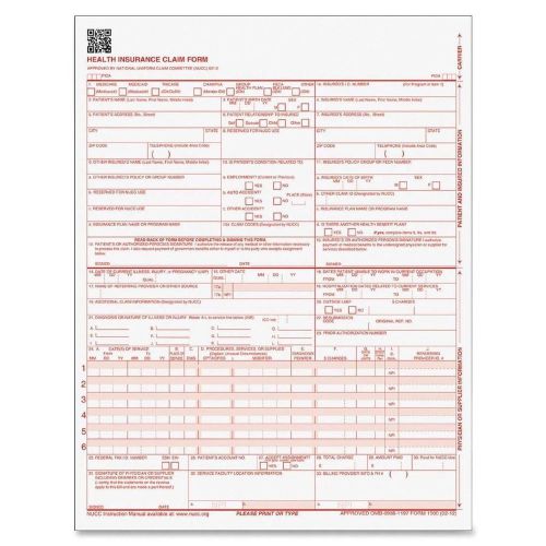 TOPS 50135R  HEALTH INSURANCE FORM 1500 CLAIM. LOOSE FORMS, 250 PACK 8-1/2&#034; X11&#034;