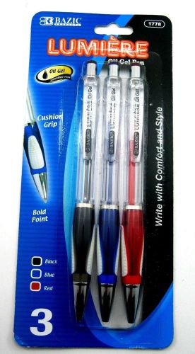 3pc Pack LUMIERE Color Gel Pen with Cushion Grip by Bazic (Black/Blue/Red) #1778