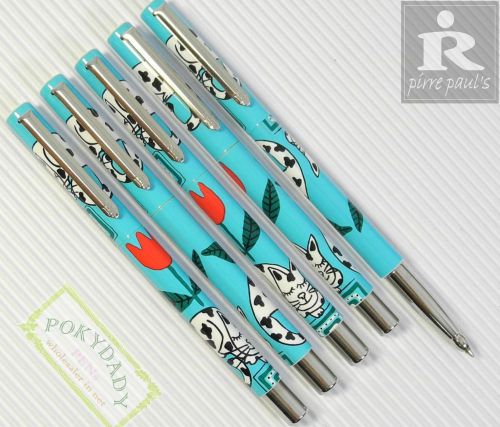 5 pcs pirre paul&#039;s 320C roller ball pen Cat pattern + 3 POKY refills BLUE ink