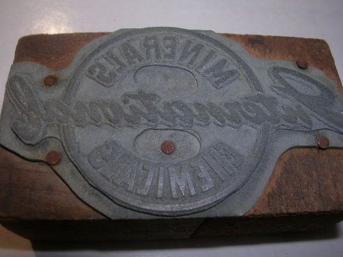 MINERALS INTERNATIONAL CHEMICALS Vintage Wood Block Printing Metal Stamp Unusual