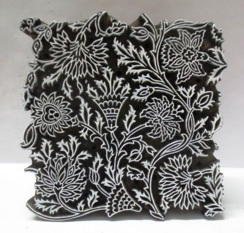 VINTAGE WOOD HAND CARVED TEXTILE PRINTING FABRIC BLOCK STAMP FINE FLORAL PRINT