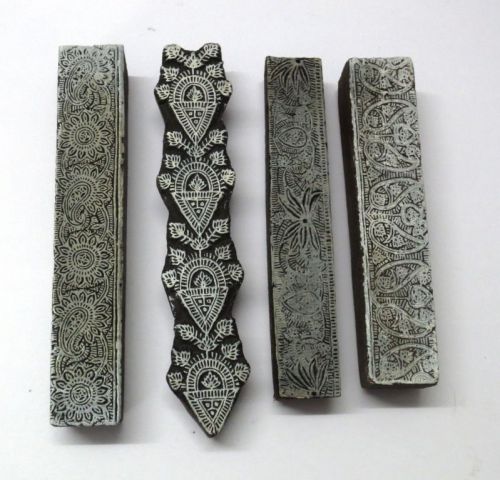 LOT OF 4 WOODEN HAND CARVED TEXTILE PRINTING FABRIC BLOCK STAMP FINE BORDERS