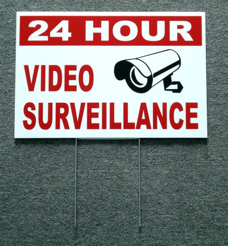 24 hour video surveillance coroplast sign 12x18 w/stake new white for sale