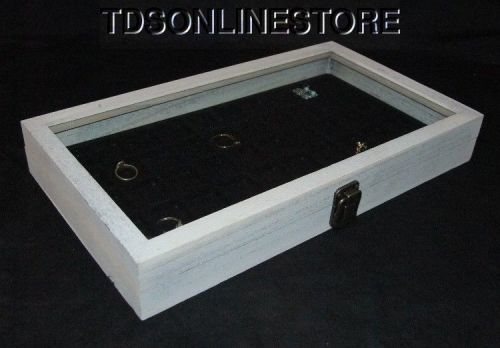 Rustic Antique White Color 50 Slot Jewelry Glass Top Display Case Black