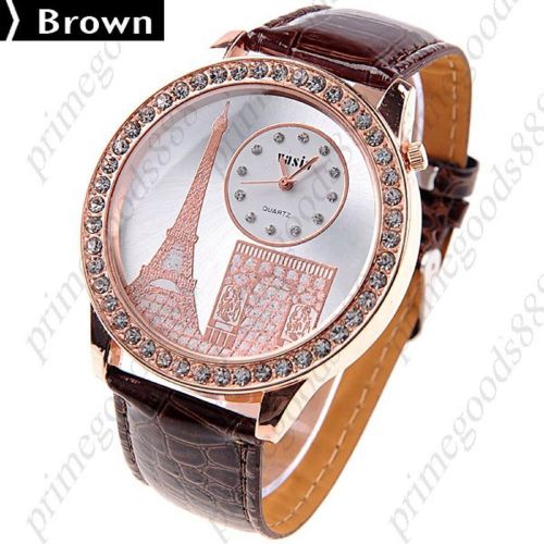 Paris PU Leather Strap Quartz Wrist Wristwatch Free Shipping Women&#039;s in Brown