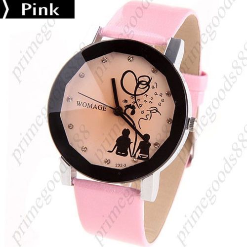 Stylish Round Case Quartz Wrist Watch with Faux Leather Strap Rhinestones Pink