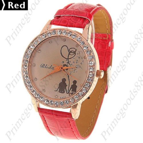 Round Synthetic Leather Rhinestones Quartz Wrist Wristwatch Women&#039;s Red