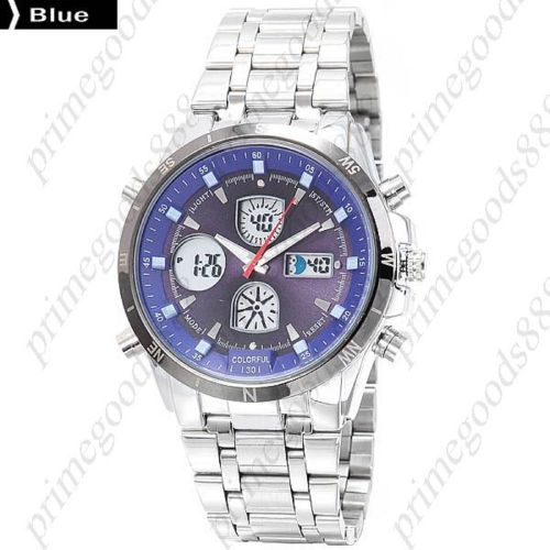 Colorful Light Stainless Steel Analog Digital Wrist Men&#039;s Wristwatch Blue