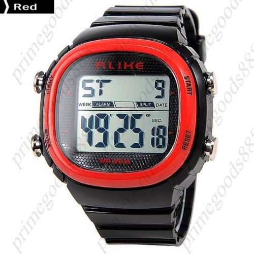 Lcd led square waterproof digital alarm stopwatch date men&#039;s wristwatch red for sale