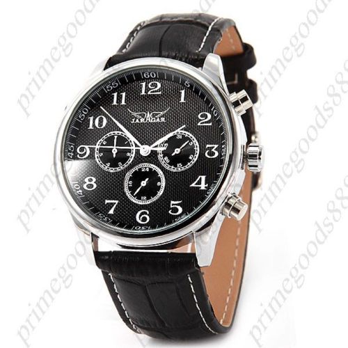 Genuine Leather Automatic Mechanical Date Men&#039;s Sub Dials Wristwatch Black