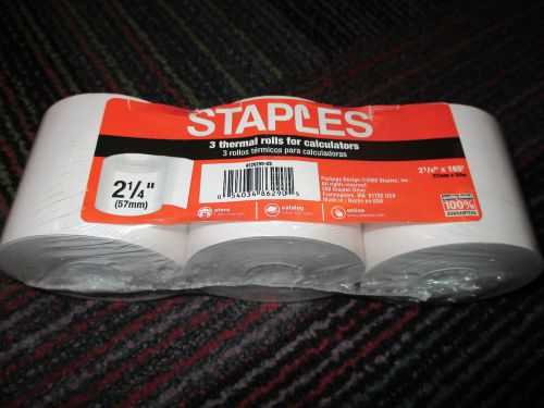 NEW 3-PACK STAPLES THERMAL PAPER ROLLS FOR CALCS, POS, REGISTERS, 2-1/4&#034; X 165&#039;