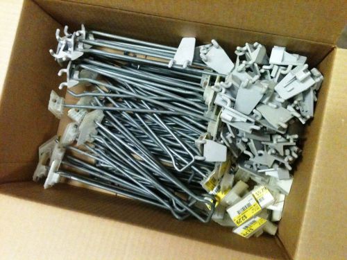 Lot of 54 metal 10” display hooks, 80 mounts, and 46 tags for pegboard