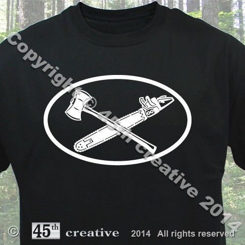 Logger t-shirt - arborist forestry logging chainsaw tree axe oval logo tee shirt for sale
