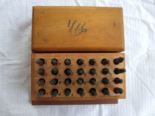 Vintage 28 Piece Steel Punch Stamp Die Letter Set A-Z,&amp;. Wood Case; 1/16&#034;