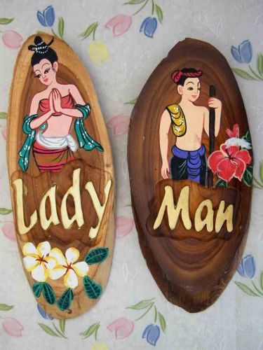 TOILET SIGN THAI ANCIENT CULTURE DRESS IN TEAK-WOODEN PLATE