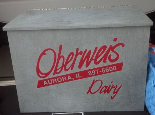 OBERWEIS DAIRY Antique Vtg Porch Galvanized Metal Milk Box Crate Cooler Lg 17x12
