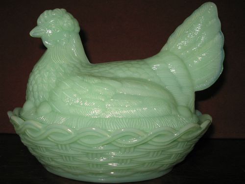 Jadeite glass hen chicken on nest basket candy butter dish rooster jadite /...