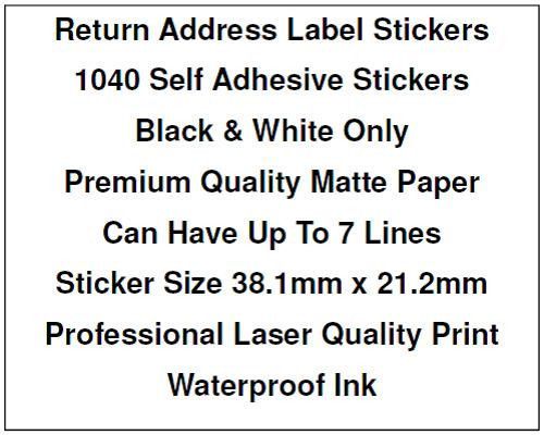 1040 PERSONALISED RETURN ADDRESS LABEL STICKERS LASER QUALITY PRINT