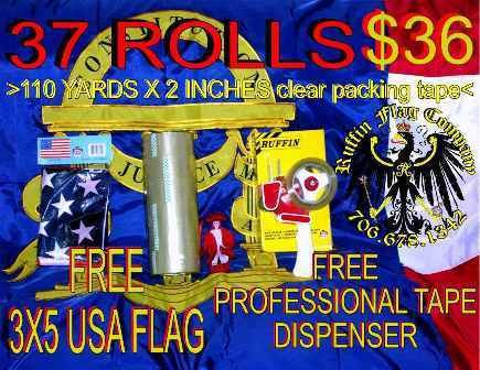 36 ROLLS 2&#034;X110 YARDS CLEAR PACKING TAPE &amp; FREE TAPE GUN, USA 3X5 AMERICAN FLAG