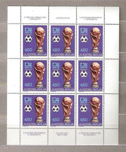 Yugoslavia &#034;soccer&#034;  sheet  of  9 stamps mnh  sc #1216 /cv11.25 for sale