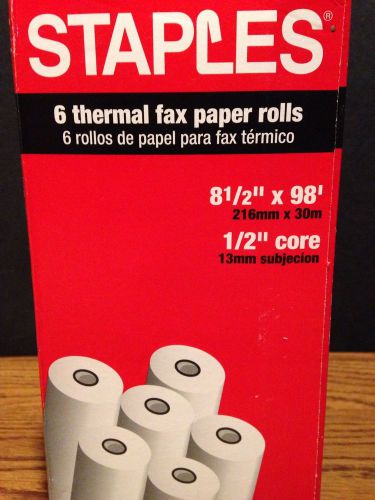 STAPLES - SIX (6) THERMAL FAX PAPER ROLLS - 8 1/2&#034; x 98&#039; with 1/2&#034; Core #269571